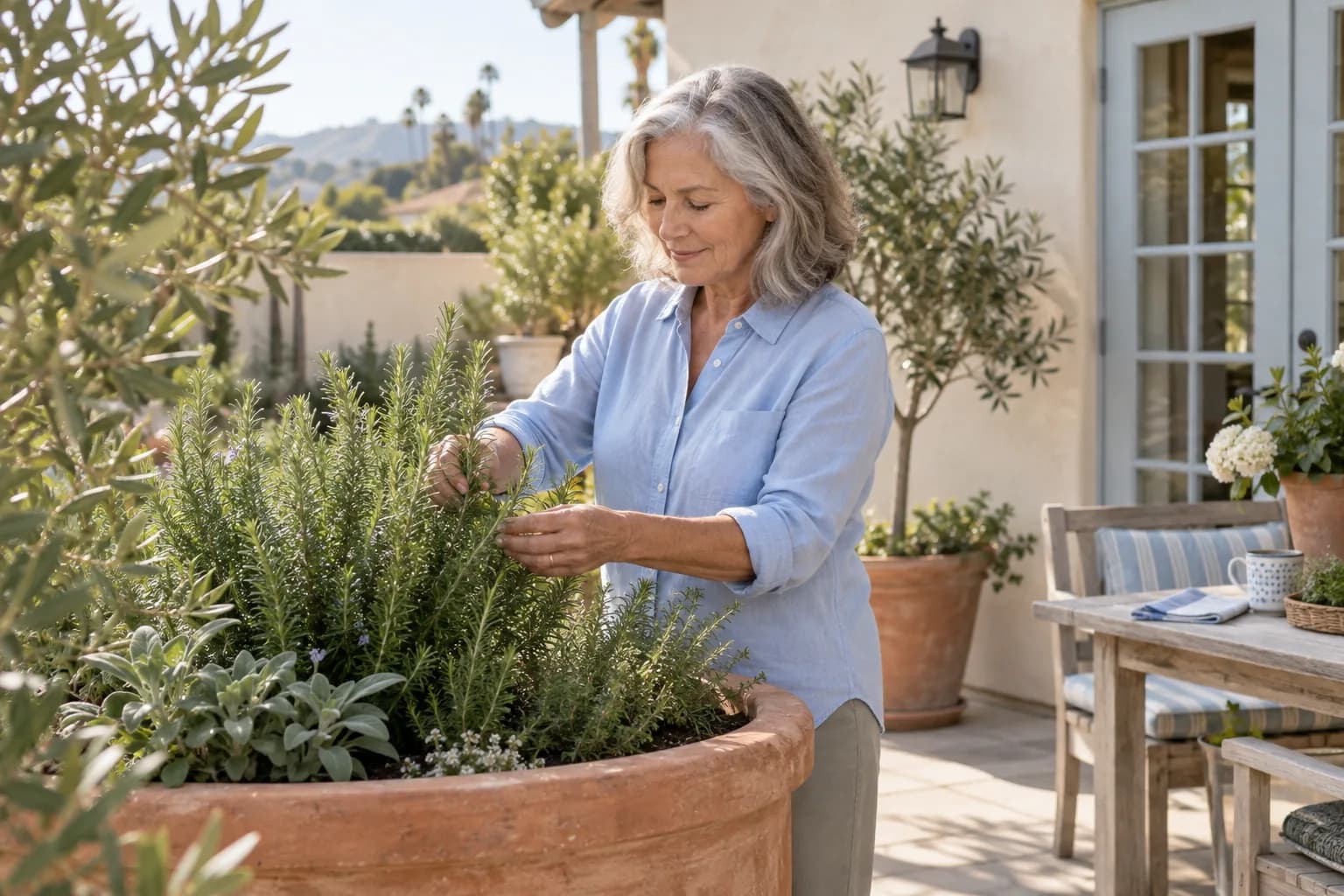 Illustrative scene of a woman tending herbs on a sunlit patio.