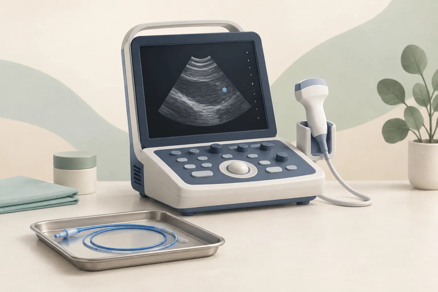 Conceptual illustration of ultrasound equipment and a slender catheter for image-guided care.