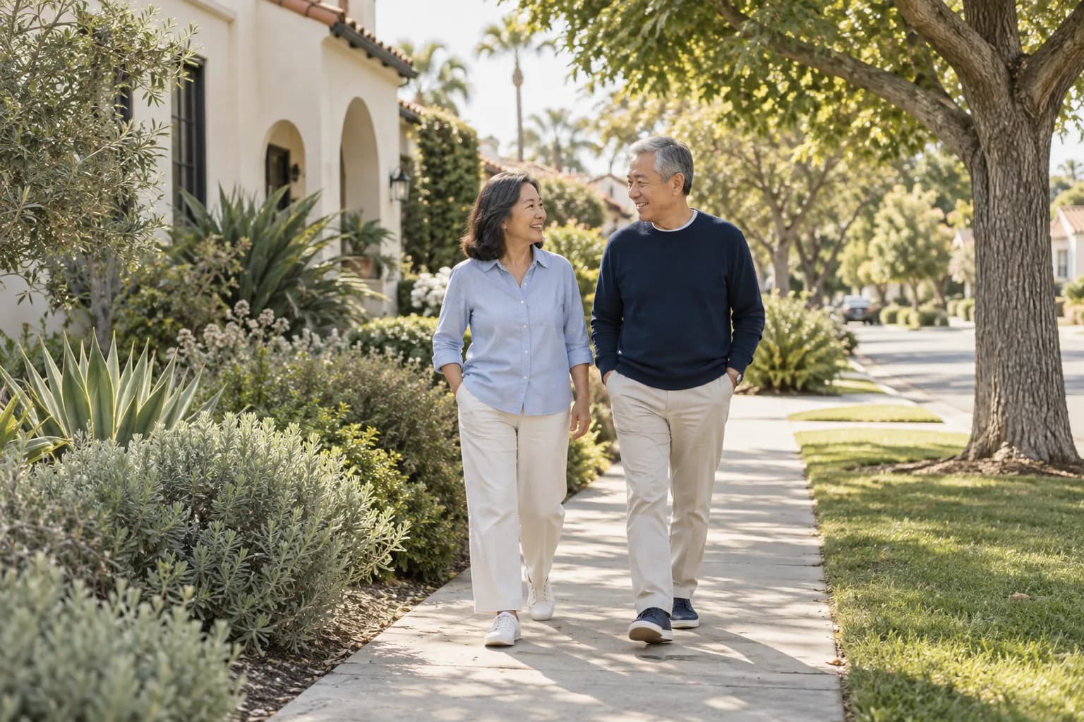 Illustrative scene of a couple on a quiet neighborhood walk.